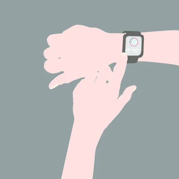 Vector illustration of A person using an app on the watch to monitor heart rate