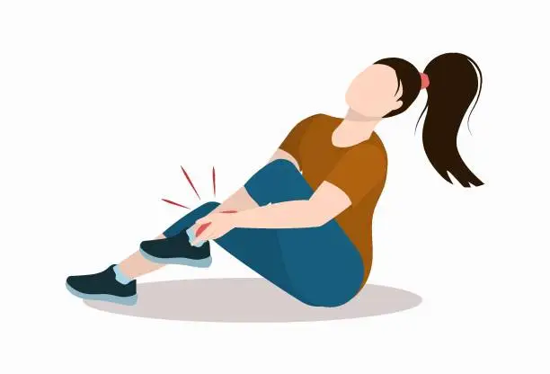 Vector illustration of a young woman sits on the ground and holds on to her aching leg. Illustration on the topic of leg injuries and injuries during running and sports
