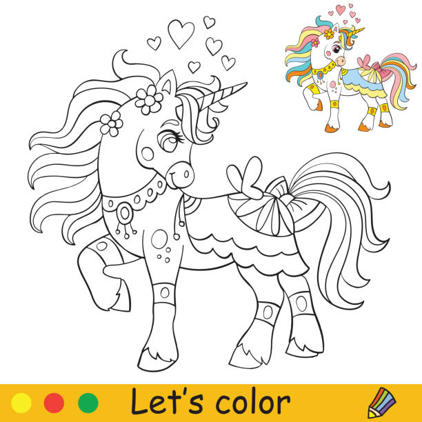 Cute unicorn with butterfly coloring vector illustration Cute unicorn with butterfly and hearts. Coloring book page with colorful template. Vector cartoon illustration isolated on white background. For coloring book, preschool education, print and game. unicorn coloring pages stock illustrations