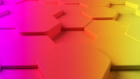 3d hexagons shape multicolor gradient, with purple, red, orange and yellow colors. 3d render abstract illustration.