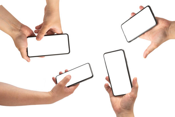 istock Smart phone in man hand isolated on white background.  White screen. 1296206133