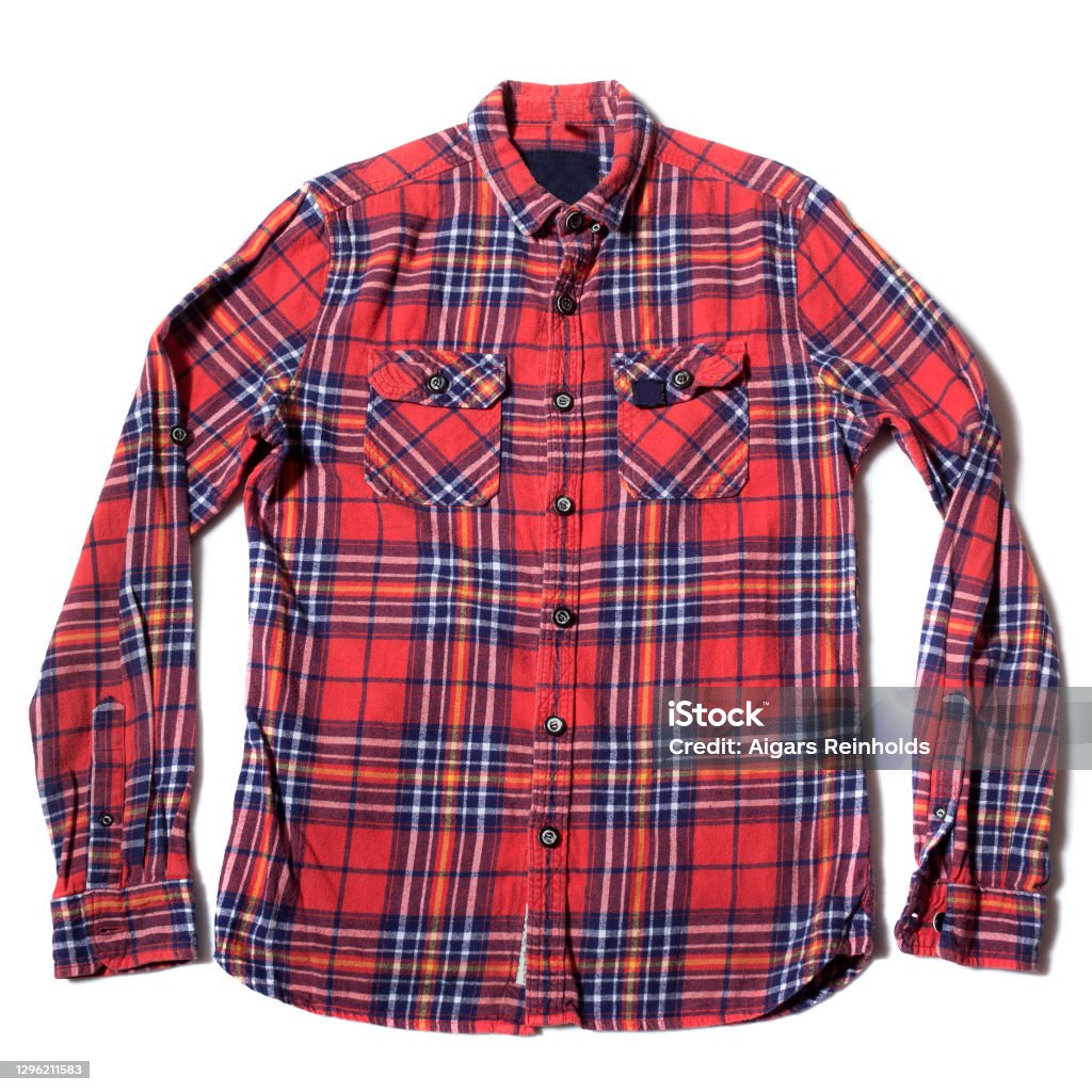 Red checkered shirt isolated on white background Warm Flannel winter checkered shirt isolated on white background Lumberjack Shirt Stock Photo