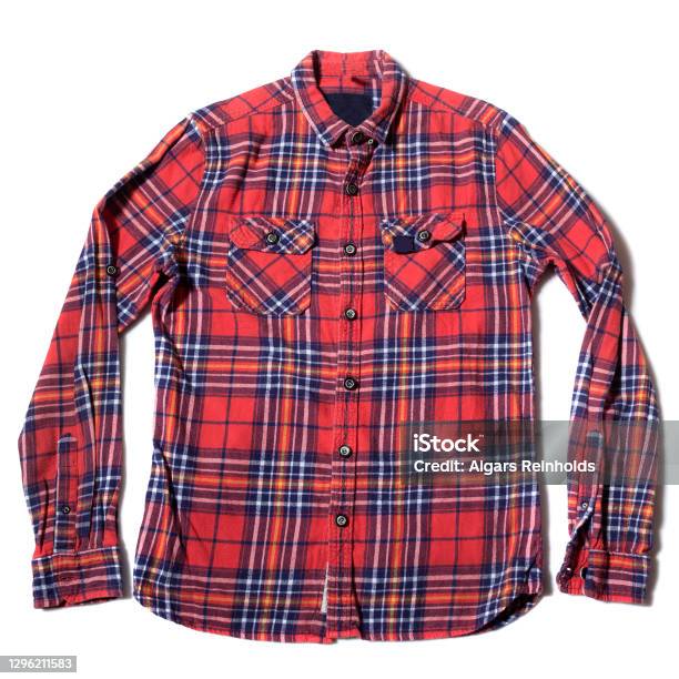 Red Checkered Shirt Isolated On White Background Stock Photo - Download Image Now - Lumberjack Shirt, White Background, Sleeve