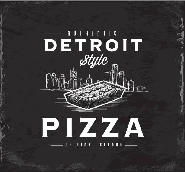 Vector illustration of Detroit-style square pizza vintage label with square pan pizza and sketchy Detroit skyline design with text