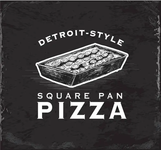 Vector illustration of Detroit-style square pizza vintage label with sketch of square pan pizza design with text