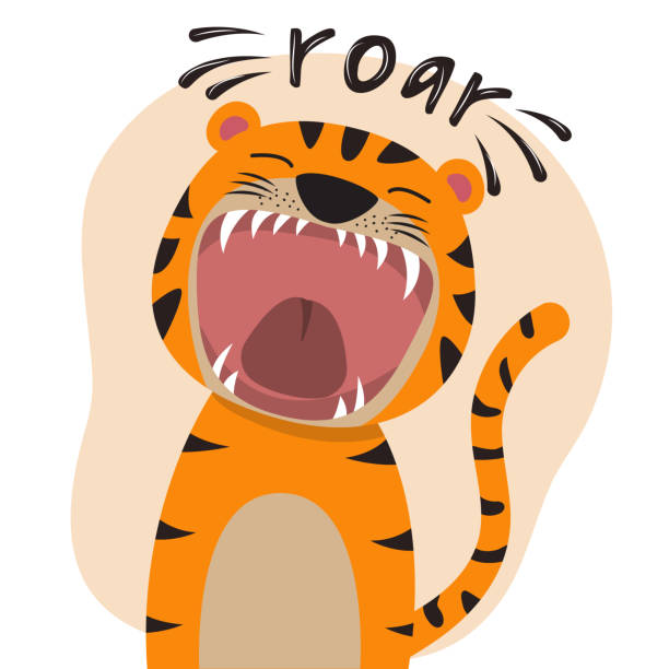 ilustraciones, imágenes clip art, dibujos animados e iconos de stock de lindo tigre de dibujos animados con la boca abierta rugiendo. - mouth open illustrations