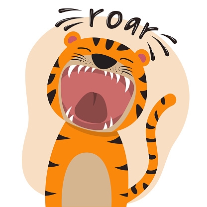 Cute cartoon tiger with open mouth roaring. Modern flat poster for prints, kids cards, poster, t-shirts and funny avatars. Vector illustration. Greeting card.