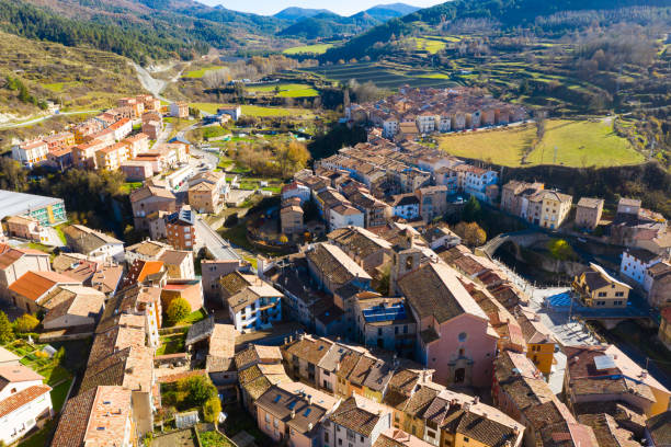 istock View from drone of La Pobla de Lillet surrounded by Pyrenees, Spain 1296211982