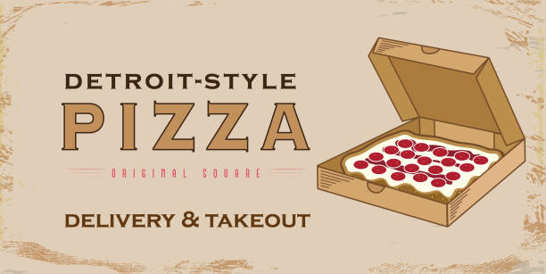 illustrations, cliparts, dessins animés et icônes de bannière carrée de cru de pizza de detroit-modèle avec la pizza carrée de casserole dans la boîte à emporter ouverte avec le texte - old fashioned pizza label design element
