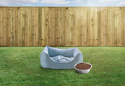 Empty pet and dog bed with pet food bowl in a backyard