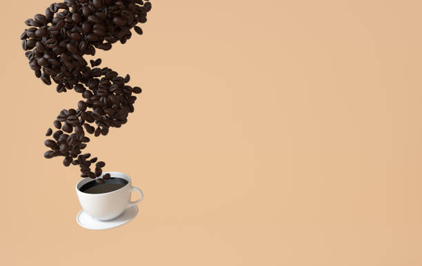 コーヒーと現実的なコーヒー豆のカップは浮かんで、3dレンダリングの背景。コーヒー豆の塊がクローズアップ。 - caffeine macro close up bean ストックフォトと画像