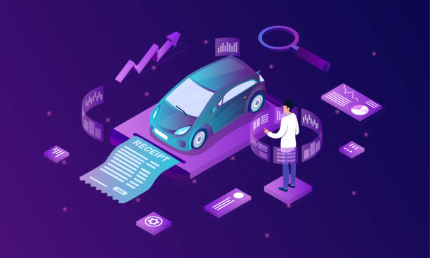 Male manager is analysing car market Male manager is analysing car market. Man checks infographics and prices to make financial analysis more precise. Isometric cartoon vector illustration car sales stock illustrations