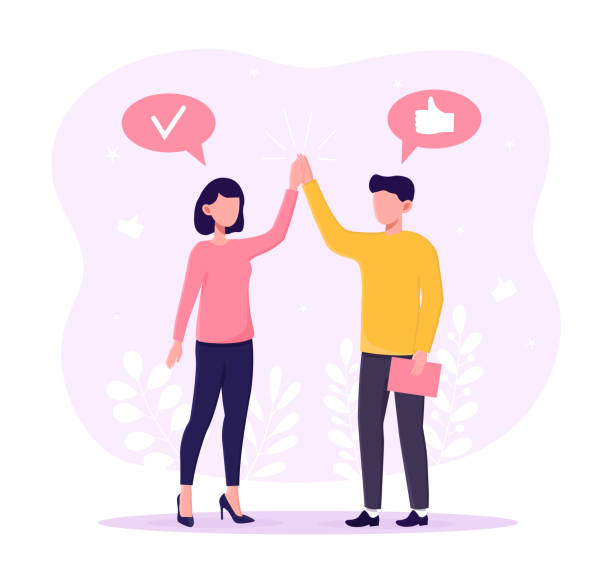 Male and female character congratulating each other Male and female character congratulating each other. Two partners clap hands high five. Concept of teamwork and successful partnership. Flat cartoon vector illustration people working together clip art stock illustrations