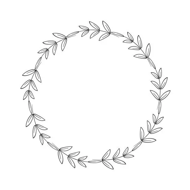 Vector illustration of A simple wreath of twigs and leaves. Decorative border in a linear style. Elegant frame for logo, tags, scrapbooking, farmhouse decoration. Vector black illustration isolated on white background.