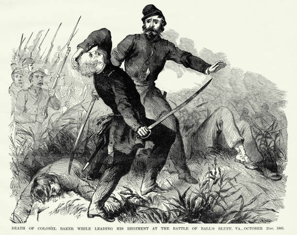 1861년 10월 21일, 남북 전쟁 인그레이빙, 볼스 블러프 전투에서 연대를 이끌고 있는 베이커 대령의 앤티크, 죽음 - confederate soldier stock illustrations