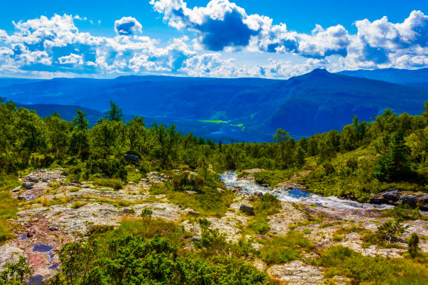 istock Amazing norwegian landscape with beautiful river waterfall in Vang Norway. 1296219532