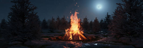 3d rendering of big bonfire with sparks and particles in front of snowy pine trees and moonlight - campfire imagens e fotografias de stock