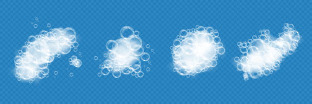 Bath foam with soap bubbles isolated on transparent background. Realistic soap sud texture. Vector illustration of shampoo, gel or facial mousse lather top view Bath foam with soap bubbles isolated on transparent background. Realistic soap sud texture. Vector illustration of shampoo, gel or facial mousse lather top view. soap sud foam bubble laundry stock illustrations