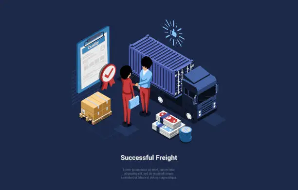 Vector illustration of Vector Illustration With Successful Freight Writing On Dark Background. Good Cargo Transportation Concept Vector Composition In Cartoon 3D Style. Two Businessmen, Shaking Hands, Contract, Truck, Boxes