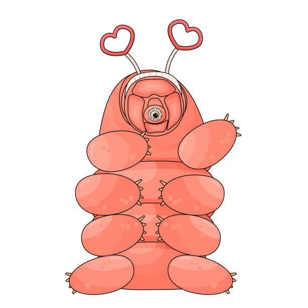 ilustrações, clipart, desenhos animados e ícones de pink isolado feliz e bonito vetor de desenho animado tardigrade está sentado em fundo branco e acenando com uma mão. aro de primavera com corações na cabeça para a festa do dia dos namorados - water bear