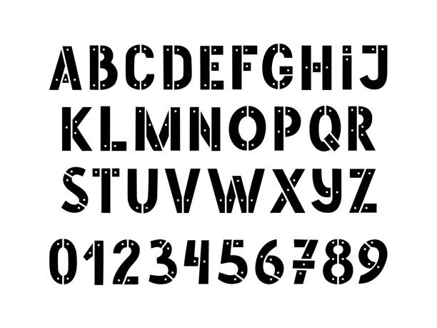 ręcznie rysowany wzornik alfabetu i liczb z nitów metalu izolowane na białym tle. szablon armii napis. - typescript letterpress wood typing stock illustrations