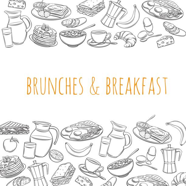 Outline breakfast page template Breakfast page template food design vector. Outline hand drawn Jug of milk, coffee pot, cup, fruits and vegetables. Baking, orange juice, sandwich and fried eggs. Pancakes and toast with jam. bacon illustrations stock illustrations