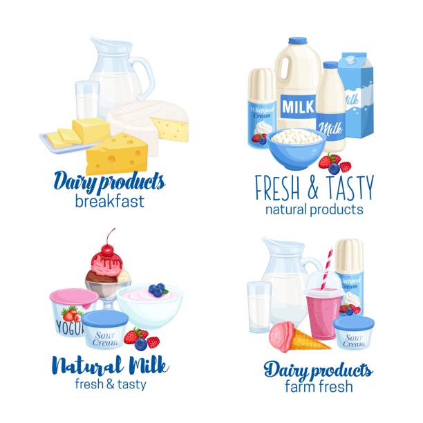 Dairy products vector banners Dairy products vector banners. Illustrations of cottage cheese, milk, butter, cheese and sour cream. Yogurt, ice cream, smoothies, whipped cream for design market farm product. dairy product stock illustrations