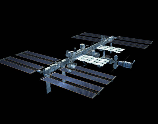 Close-up on the International Space Station 3D Rendering of the International Space Station with the isolation path included in the file. international space station stock pictures, royalty-free photos & images