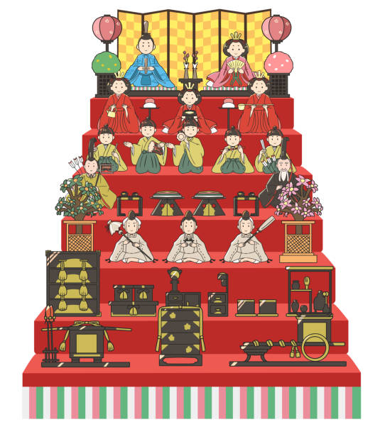 куклы хина, 7 шагов, синяя внутренняя спина - japanese culture japanese ethnicity japan toy stock illustrations