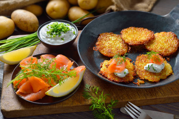 istock Potato pancakes with salmon and curd 1296230914