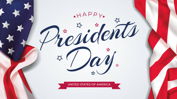 Happy Presidents Day celebrate banner with waving United States national flag and hand lettering holiday greetings. Vector illustration. Happy Presidents Day celebrate banner with waving United States national flag and hand lettering holiday greetings. Vector illustration. presidents day weekend stock illustrations