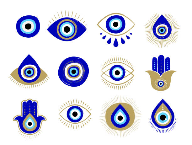 böses auge oder türkische augensymbole und symbole gesetzt. moderne amulett design und wohnkultur idee - griechisches tattoo stock-grafiken, -clipart, -cartoons und -symbole