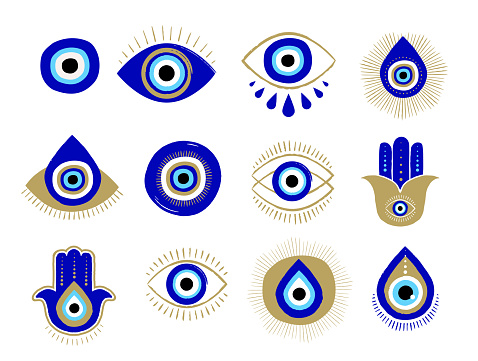 Evil eye or Turkish eye symbols and icons collection. Modern amulet design and home decor idea. Vector illustration