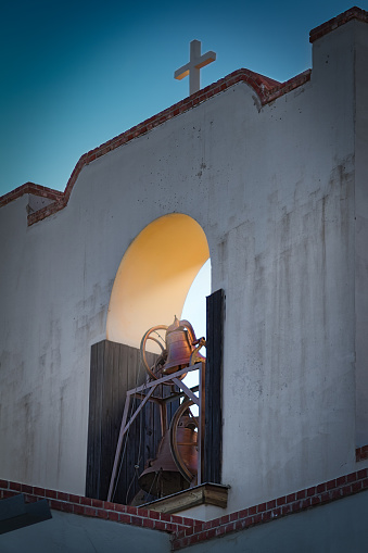 The bell tower of the Socorro Mission, built in 1840, in Socorro, Texas near El Paso.