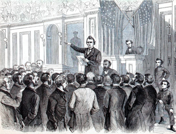 Speech on Impeachment of Andrew Johnson Vintage engraving features a final speech given by Thaddeus Stevens before the vote to impeach President Andrew Johnson in 1868. government drawings stock illustrations