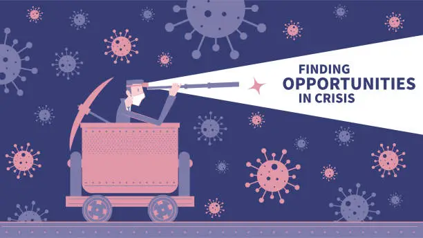 Vector illustration of Finding opportunities in crisis, a business leader with a headlight and hand-held telescope and pickaxe riding a minecart through new coronavirus (COVID-19, bacterium, virus)