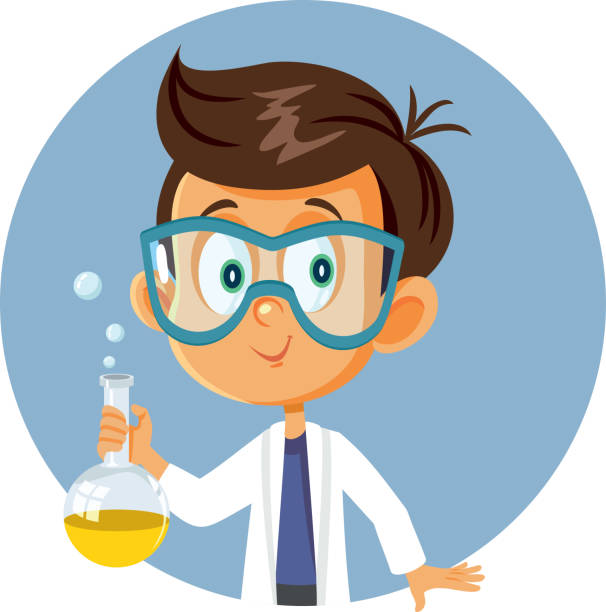 ilustrações, clipart, desenhos animados e ícones de estudante segurando béquer de química na aula de ciências - scientific experiment scientist research small
