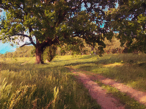 Oil landscape painting showing country road and old oak on a sunny summer day.