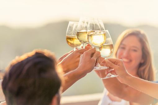 Group of friends drinking wine and making a celebration toast outdoors. A woman can be seen happy and smiling. Back lit at sunrise or sunset.