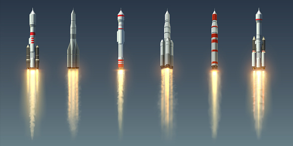 Rocket launch. Realistic spaceship with takeoff smoke track and fire burst. Spacecraft with steam jet trace. Collection of going up space vehicles. Shuttles of various designs, vector isolated set