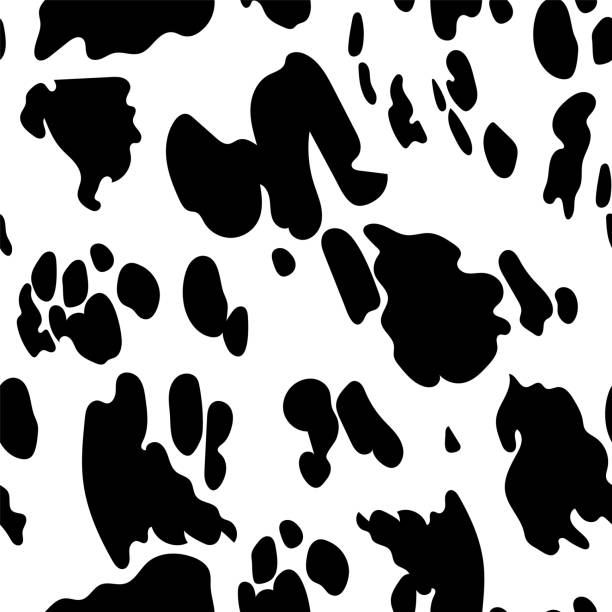 Cow pattern. Seamless texture with domestic animal skin imitation effect. Black spots on white. Animalistic print for textile and milky products package template. Vector cowhide leather Cow pattern. Seamless texture with domestic animal skin imitation effect. Black spots on white background. Animalistic print for textile and daily products package template. Vector cowhide leather cowhide stock illustrations