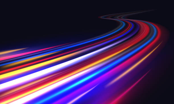 Light trails. Blurred car light motion effect, city road background with long exposure night lights with dynamic flashlight on black. Vector fast highway traffic trail background Light trails. Blurred car light motion effect, city road background with long exposure night lights with dynamic flashlight red and blue colors on black. Vector fast highway traffic trail background driving illustrations stock illustrations