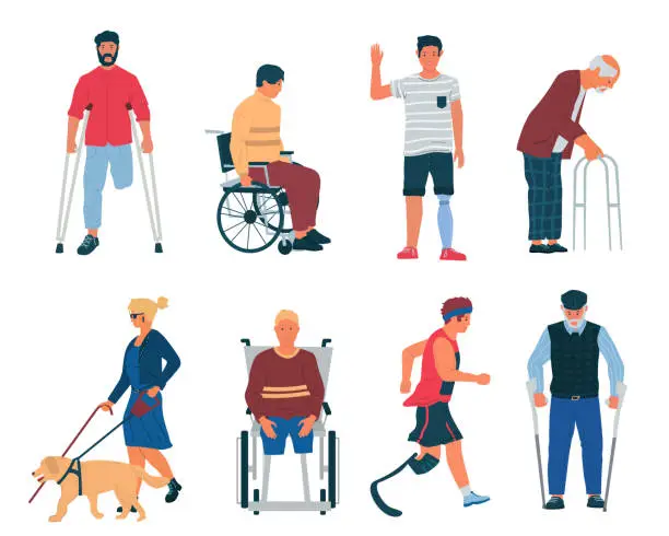 Vector illustration of Disabled persons. People with disabilities, in wheelchair, with cane, plaster and crutches. Men and women with limb injuries, blindness or old. Vector medicine and physical therapy set