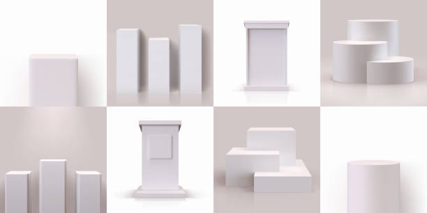 White pedestal. Empty 3D block podium stage for gallery or realistic pillar stand. Blank rectangle shapes and cylinders. Platforms for museum exhibit. Vector geometric tribunes set White pedestal. Realistic pillar stand or empty 3D block podium stage for gallery. Blank rectangle shape and cylinder. Collection geometric tribunes, platforms for museum exhibit. Vector template set lectern stock illustrations