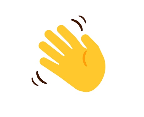 Waving hand. Cartoon yellow moving human hand. Gesture of greeting or goodbye. Negative or disagreement sign. Isolated drown limb on white background. Web sticker for chatting, vector illustration
