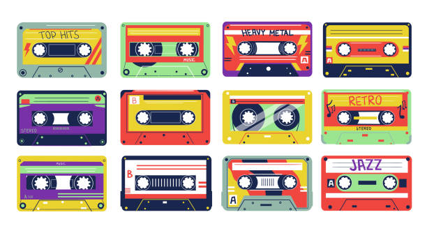 Cassette. Retro song tapes. Colorful multimedia device. 80s or 90s old analog records. Pop, rock and jazz music. Hipster decoration template, old-school textile print. Vector sound set Cassette. Cartoon retro song tapes. Colorful vintage multimedia device. 80s or 90s old analog records. Pop, rock and jazz music. Hipster decoration template, old-school textile print. Vector sound set mixtape stock illustrations