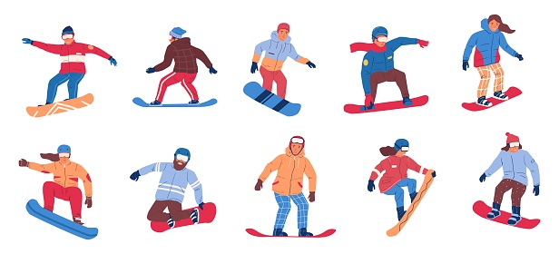 Snowboarding. Winter extreme activity. People riding on snowboards. Men and women wearing sport clothes, helmets and goggles. Mountain resort or sportswear shop advertising, vector set