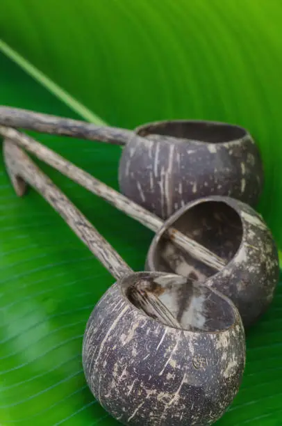 Old thai style coconutshell ladles on banana leaf
