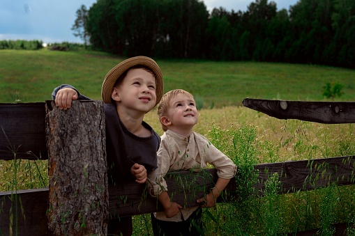 Boys on a farm. A boy in rustic clothes and a hat sits on a wooden fence against a green meadow and forest. Summer village, nature.