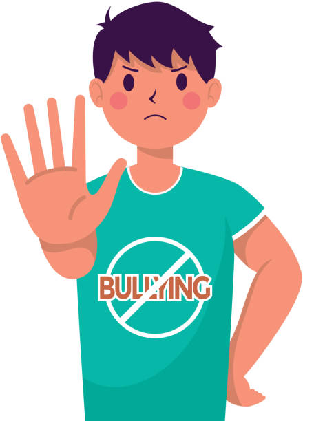 ilustraciones, imágenes clip art, dibujos animados e iconos de stock de joven víctima de intimidación con la mano parada y la señal - bullying